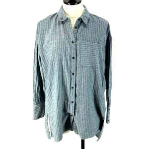 Mittoshop Women's Blue‎ Gray Cotton Hi Low Striped Button Down Blouse Size Small